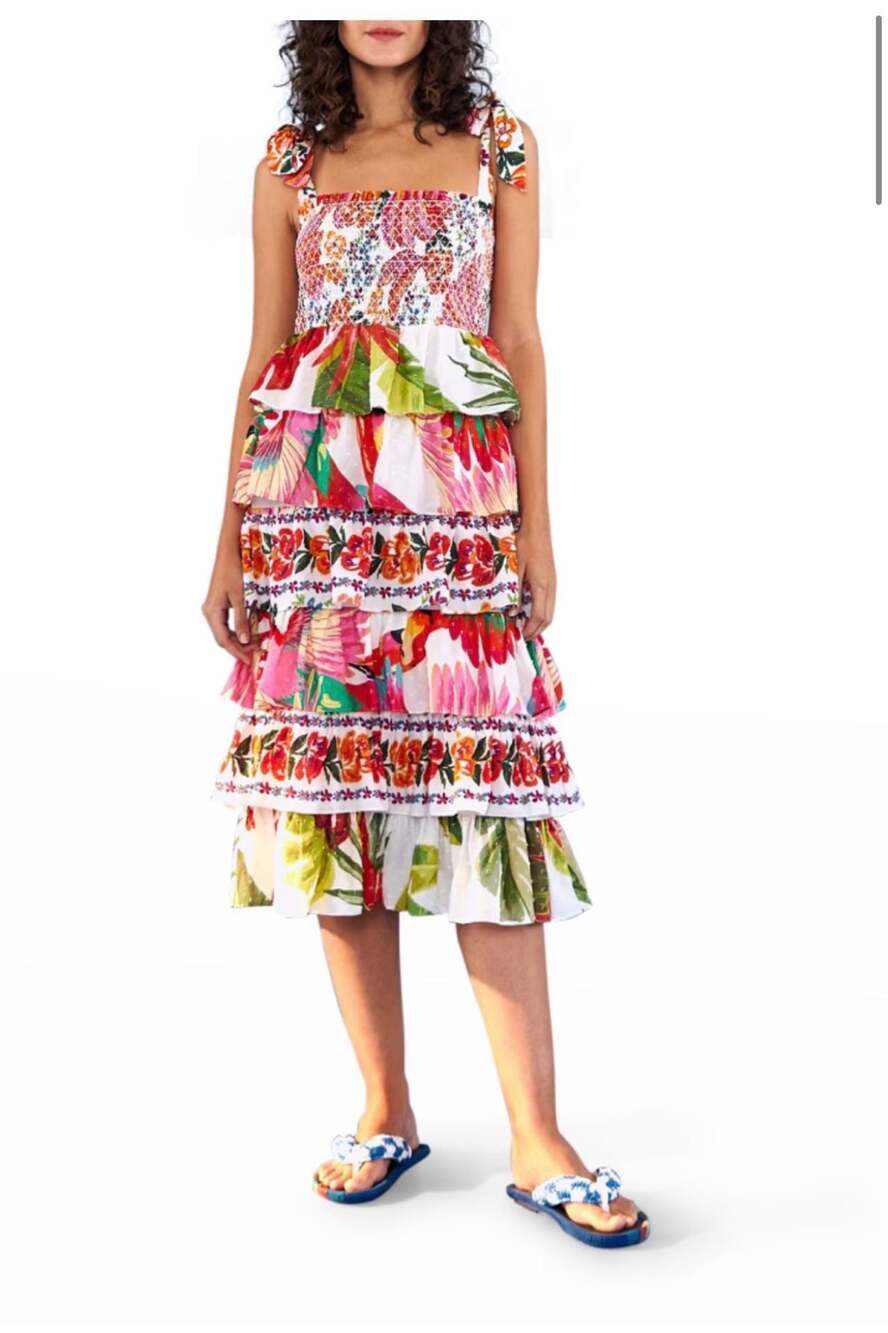 FARM Rio Mixed White Prints Tiered Smocked Midi Dress